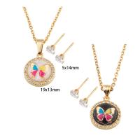 Cubic Zirconia Stainless Steel Jewelry Sets, Stud Earring & necklace, 304 Stainless Steel, with Brass, Butterfly, plated, micro pave cubic zirconia & for woman & enamel, more colors for choice, Length:Approx 49.8 cm, Sold By Set