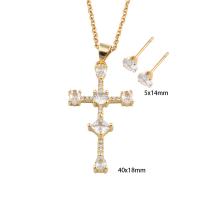 Cubic Zirconia Stainless Steel Jewelry Sets, Stud Earring & necklace, 304 Stainless Steel, with Brass, Cross, plated, micro pave cubic zirconia & for woman, golden, Length:Approx 50.6 cm, Sold By Set
