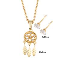 Cubic Zirconia Stainless Steel Jewelry Sets, Stud Earring & necklace, 304 Stainless Steel, with Brass, Vacuum Ion Plating, micro pave cubic zirconia & for woman, golden, Length:Approx 50.2 cm, Sold By Set