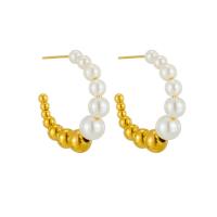 Titanium Steel  Earring, with Plastic Pearl, 18K gold plated, fashion jewelry & for woman, golden, 28x28mm, Sold By Pair