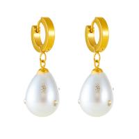 Boucle d'oreille Acier Titane, avec perle de plastique, Placage, bijoux de mode & pour femme & avec strass, doré, 13x36mm, Vendu par paire