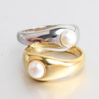 Stainless Steel Finger Ring, 304 Stainless Steel, with Plastic Pearl, plated, fashion jewelry & for woman, more colors for choice, nickel, lead & cadmium free, 9.5mm, Sold By PC