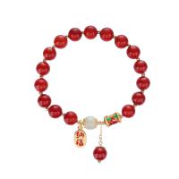 Red Agate Bracelet, with Hetian Jade & Brass, Round, polished, fashion jewelry & for woman & enamel, 9mm, Length:Approx 7 Inch, Sold By PC