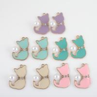 Zinc Alloy Enamel Pendants with Plastic Pearl Cat gold color plated DIY & with rhinestone Approx 1.8mm Approx Sold By Bag