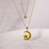 Stainless Steel Jewelry Necklace, 304 Stainless Steel, with 1.97inch extender chain, Moon and Star, plated, Double Layer & micro pave cubic zirconia & for woman, golden, Length:Approx 15.75 Inch, Approx 17.72 Inch, Sold By PC