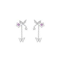 Cubic Zirconia Micro Pave Sterling Silver Earring, 925 Sterling Silver, Butterfly, plated, micro pave cubic zirconia & for woman, platinum color, 28x10mm, Sold By PC