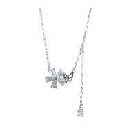925 Sterling Silver Necklaces, with 5CM extender chain, Flower, plated, for woman & with rhinestone, platinum color, Length Approx 40 cm, Sold By PC