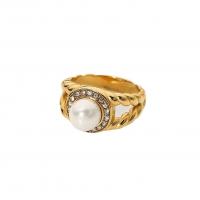 Titanium Steel Finger Ring with Plastic Pearl plated & micro pave cubic zirconia & for woman golden Sold By PC
