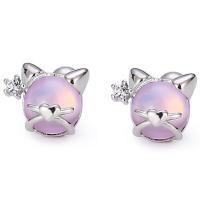 925 Sterling Silver Stud Earring, with Resin, Cat, cute & for woman, 8.30x7.30mm, Sold By Pair