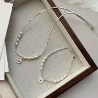 925 Sterling Silver Bracelet and Necklace with Shell Pearl Heart polished Korean style & for woman Sold By PC