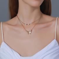 Multi слой ожерелье, цинковый сплав, с Пластиковая жемчужина, с 4.6CM наполнитель цепи, бабочка, плакирован золотом, Двойной слой & Женский, длина:Приблизительно 35 см, продается PC