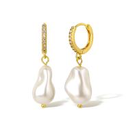 Cubic Zirconia Micro Pave Brass Earring, with Glass Pearl, real gold plated, micro pave cubic zirconia & for woman, gold, Sold By Pair