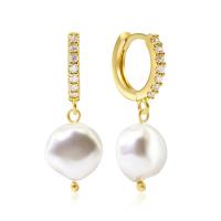Cubic Zirconia Micro Pave Brass Earring, with Plastic Pearl, real gold plated, micro pave cubic zirconia & for woman, golden, Sold By Pair