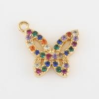Cubic Zirconia Brass Pendants, with Cubic Zirconia, Butterfly, gold color plated, DIY, mixed colors, nickel, lead & cadmium free, 11.60x11.10x2.20mm, Sold By PC