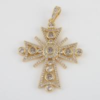 Brass Cross Pendants, with Cubic Zirconia, gold color plated, DIY, nickel, lead & cadmium free, 48.90x34.30x3.40mm, Sold By PC