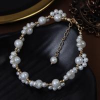 Freshwater Cultured Pearl Bracelet, Freshwater Pearl, with Brass, with 3.5cm extender chain, gold color plated, fashion jewelry & for woman, white, 3-4mm,6-7mm, Length:Approx 17 cm, Sold By PC