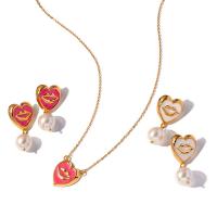 Fashion Stainless Steel Jewelry Sets 304 Stainless Steel with Freshwater Pearl Heart Vacuum Ion Plating & for woman & enamel Sold By PC