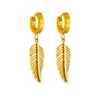 Titanium Steel  Earring, Feather, 18K gold plated, fashion jewelry & for woman, golden, 45mm,25*10mm, Sold By Pair