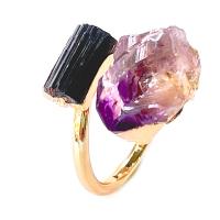 Natural Gemstone Finger Ring Brass with Schorl & Amethyst gold color plated Adjustable & fashion jewelry & for woman nickel lead & cadmium free Inner Approx 17mm Sold By PC