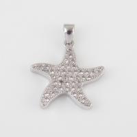 Cubic Zirconia Brass Pendants, with Cubic Zirconia, Starfish, silver color plated, DIY, nickel, lead & cadmium free, 21.50x16.80x2.60mm, Sold By PC