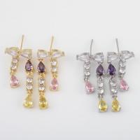 Brass Drop Earring, with Cubic Zirconia, plated, DIY, more colors for choice, nickel, lead & cadmium free, 39.40x14.90x13.50mm, Sold By Pair