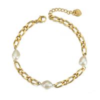 Stainless Steel Jewelry Bracelet 304 Stainless Steel with Freshwater Pearl with 4CM extender chain plated for woman golden Length Approx 19 cm Sold By PC