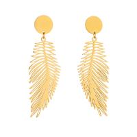 Titanium Steel  Earring, Feather, plated, fashion jewelry & for woman, golden, 65x20mm, Sold By Pair