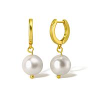 Huggie Hoop Drop Earring Brass with Plastic Pearl real gold plated for woman Sold By Pair