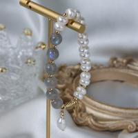 Bracelet en perles de culture d'eau douce, perle d'eau douce cultivée, avec Labradorite & laiton, Placage de couleur d'or, bijoux de mode & pour femme & avec strass, couleurs mélangées, 7-8mm, Longueur:Environ 17 cm, Vendu par PC