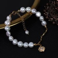 Bracelet en perles de culture d'eau douce, perle d'eau douce cultivée, avec laiton, avec 5cm chaînes de rallonge, Placage de couleur d'or, bijoux de mode & pour femme & avec strass, blanc, 7-8mm, Longueur:Environ 17 cm, Vendu par PC