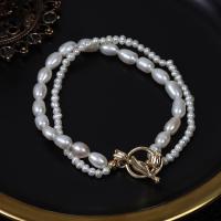 Freshwater Cultured Pearl Bracelet, Freshwater Pearl, with Brass, gold color plated, Double Layer & fashion jewelry & for woman, white, 3-4mm,5-6mm, Length:Approx 17 cm, Sold By PC