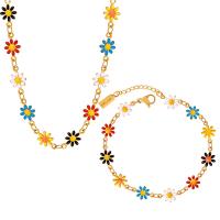 Jewelry Sets, Titanium Steel, with 1.97inch,1.18inch extender chain, Daisy, Vacuum Ion Plating, different styles for choice & for woman & enamel, golden, Length:Approx 16.54 Inch, Approx 6.69 Inch, Sold By PC