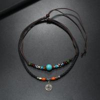 Tibetan Style Jewelry Necklace, with PU Leather Cord & turquoise & Wax Cord & Wood, handmade, Double Layer & fashion jewelry & for man, nickel, lead & cadmium free, Length:Approx 45-60 cm, Sold By PC