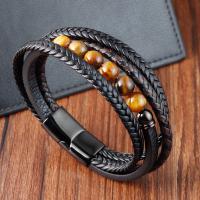 PU Leather Cord Bracelets, with Tiger Eye & 304 Stainless Steel, vintage & for man, black, Length:21 cm, Sold By PC