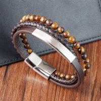 PU Leather Cord Bracelets with Tiger Eye & 304 Stainless Steel vintage & for man brown Length 21 cm Sold By PC