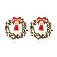 Zinc Alloy Drop Earring with Plastic Pearl Christmas Wreath gold color plated Christmas jewelry & for woman & enamel & with rhinestone Sold By Pair