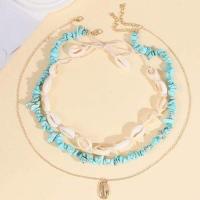 Multi Layer Necklace, Tibetan Style, with turquoise & Shell, with 5cm extender chain, gold color plated, three layers & fashion jewelry & for woman, nickel, lead & cadmium free, Length:Approx 46 cm, Approx 51 cm, Approx 66 cm, Sold By PC