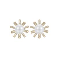 Brass Stud Earring with Cubic Zirconia & Plastic Pearl Flower plated fashion jewelry & for woman nickel lead & cadmium free Sold By Pair