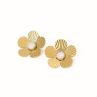 Stainless Steel Stud Earrings, 304 Stainless Steel, with Shell, petals, 18K gold plated, fashion jewelry & for woman, golden, 26x26mm, Sold By Pair