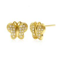 Boucles d'oreilles en laiton zircon cubique pavent, papillon, Plaqué d'or, pavé de micro zircon & pour femme, doré, Vendu par paire