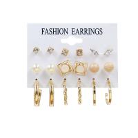 Tibetan Style Earring Set, with Cats Eye & Plastic Pearl, gold color plated, nine pieces & for woman & with rhinestone, earring length 6-30mm, Sold By Set