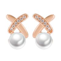 Brass Stud Earring with ABS Plastic Pearl rose gold color plated for woman & with rhinestone Sold By Pair