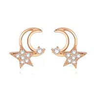 Brass Stud Earring, Moon and Star, rose gold color plated, for woman & with rhinestone & hollow, 8x10mm, Sold By Pair