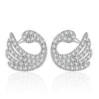 Brass Stud Earring, Swan, platinum plated, for woman & with rhinestone, 11x11mm, Sold By Pair