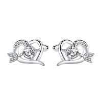 Brass Stud Earring, Heart, platinum plated, for woman & with rhinestone & hollow, 14x8mm, Sold By Pair