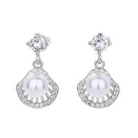 Brass Drop Earring with Plastic Pearl Shell plated micro pave cubic zirconia & for woman & hollow Sold By Pair