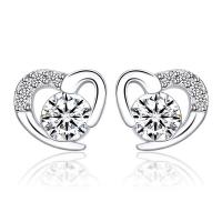 Brass Stud Earring Heart platinum plated micro pave cubic zirconia & for woman & hollow 9mm Sold By Pair
