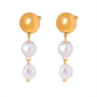 Titanium Steel  Earring, with Shell Pearl, Vacuum Ion Plating, fashion jewelry & for woman, golden, 11x38mm, Sold By Pair