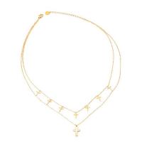 Titanium Steel Necklace with 2.36inch extender chain Cross plated Double Layer & for woman & with rhinestone golden 16mm Length Approx 15.75 Inch Approx 17.32 Inch Sold By PC