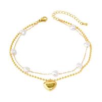 Fashion Jewelry Anklet, Titanium Steel, with Plastic Pearl, with 1.57inch extender chain, Heart, plated, Double Layer & for woman, golden, Length:Approx 8.27 Inch, Sold By PC